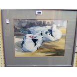 Sarah Norris: a framed watercolour, depicting two Muscovy ducks