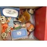A box of assorted character jugs including Royal Doulton Granny, Sandland Sherlock Holmes, etc. -