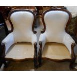 Two similar 19th Century mahogany part show frame spoon back drawing room armchairs, both for re-