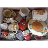 A box containing assorted ceramic items including Clarice Cliff Bizarre Crocus pattern tea plate,