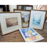 Five framed original watercolours including 19th Century view of fishing boats in an estuary,