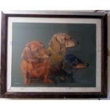 †Simpson: a framed pastel study of three smooth haired dachshunds named Tom, Dick & Harry -signed