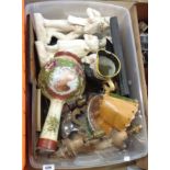 A crate of collectable items including wooden wall sconces, silver plated items, opaline glass vase,