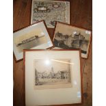 Four small framed pictures and a map print of Cornwall