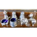 A small collection of silver plated and other condiments including a Regis three piece set, etc.