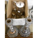 A pair of 21cm antique silver plated copper candlesticks - sold with a hot water jug, sifter, ladle,