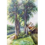 O. Lange: an ornate gilt framed oil on canvas, depicting a tree lined rural track with cottage and