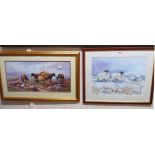 A. Holway: a framed oil on board, depicting sheep in a winter landscape - signed - sold with a Tom