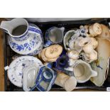 A box containing ceramics including Wood & Sons Yuan pattern, large blue and white jug, etc.