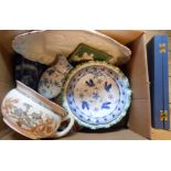 A box containing assorted china including Spode commemorative Mayflower plate, Royal Doulton chamber