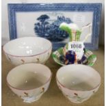 A Gaudy Welsh miniature jug and bowl, a blue transfer printed rectalinear teapot stand, and a pair