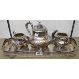 A Barker Ellis silver plated gallery tray - sold with a silver plated three piece tea set