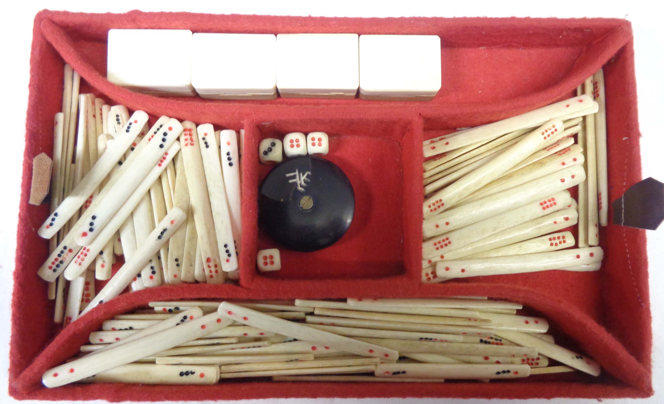 A vintage Japanese bone and bamboo Mah Jong set with counters, dice, and instructions in tooled - Image 5 of 11