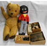 An old Teddy bear (tired) and Golly - sold with a set of chess pieces, dominoes, draughts pieces and