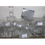 Assorted glassware including cut glass decanter, Dartington crystal candle holder, etc.