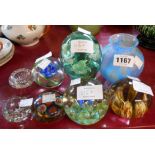 Five glass paperweights including Victorian dump (a/f), a glass vase, and two glass salts