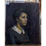 B.C. Wade: an unframed oil on canvas board portrait of a black lady in semi profiled - 50.5cm X 40.