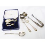 A Victorian silver spoon and fork, later seal top spoon, two silver napkin rings, a cased Mappin &