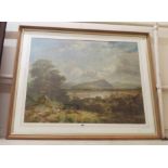 A large framed coloured print, depicting a river landscape with figures and cattle in foreground,