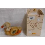 A vintage Steiff mohair duck with neck label and modern Steiff retailer box