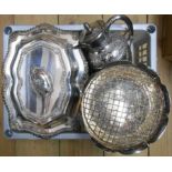 A silver plated entree dish with detachable handle, hot water jug and rose bowl