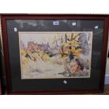 Robin Ansell: a framed watercolour, depicting autumnal leaves with buildings in distance - signed