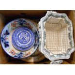 A box containing assorted china including Doulton Leeds Spray plates, Masons tureen, etc. -