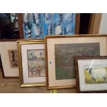 Two gilt framed pastel drawings, one depicting a garden, the other a townscape - sold with three