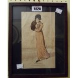 An oak framed early 19th Century coloured fashion print, entitled Walking Dress