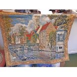 A large modern Mille Fleurs, Belguim hanging tapestry, depicting a continental street scene