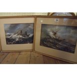 A pair of gilt framed oils on card, depicting floundering sailing vessels on stormy seas in dark