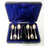 A cased harlequin set of silver teaspoons and sugar tongs