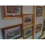 Eight maple framed sporting prints including snipe and woodcock shooting, Ascot races, Epsom and two