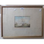 Sam Owen: a gilt framed watercolour, depicting a three masted Man-O-War and other sailing vessels on