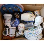 A box containing assorted ceramics including Masons tea plates, blue and white transfer printed