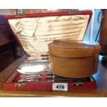 A vintage leather collar box - sold with a cased set of vintage Butlers Sheffield stainless steel