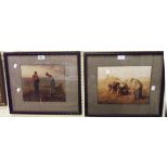 A pair of framed early 20th Century coloured prints, depicting farm workers