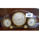 An Art Deco peach glass and gilt metal three dial aneroid weather station by Shortland Smiths -