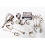 Various Exeter and other silver teaspoons, three damaged trophy cups and a matchbox sleeve - various