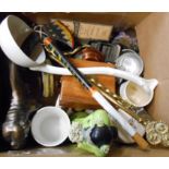 A box containing assorted ceramics and collectable items including brass toasting forks, ceramic