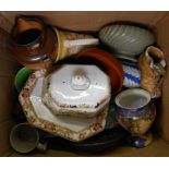 A box of assorted china and glass including Chinese bowl, Art Deco clock case, etc.