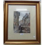 Paul Copson: a gilt framed watercolour, depicting children on a bridge beside a canal in a town -