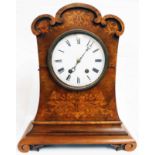 A 19th Century inlaid walnut cased mantle clock waisted design with triple C-scroll top and Roman