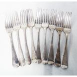 Nine similar late Georgian silver dinner forks - various dates and makers