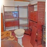 A 1.75m X 1.75m Ladderax corner unit in mahogany finish with four wooden ladders, glazed cabinet,