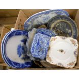 A box containing ceramics including meat plate, Spode Italian cheese dish, junket bowl, etc.