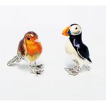 Two Saturno silver and enamel bird ornaments, comprising robin and puffin - laser etched English