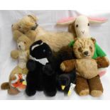 A box of assorted vintage soft toys including straw-filled dog, rabbit, etc.