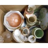 A box containing assorted china including Macintyre Taluf Faience jug (a/f), Limoges, etc.