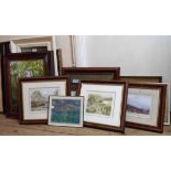 A collection of small framed coloured prints and pictures, including F.J. Widgery and other local